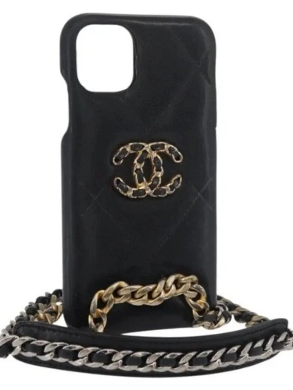 CHANEL Matelasse Chain iPhone Case Bag Lamb Skin Black Gold CC Auth BA12149A
